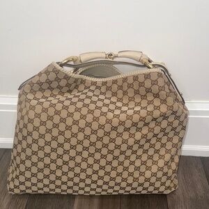 Gucci Tan ivory GG canvas Monogram horsebit large hobo bag with gold hardware